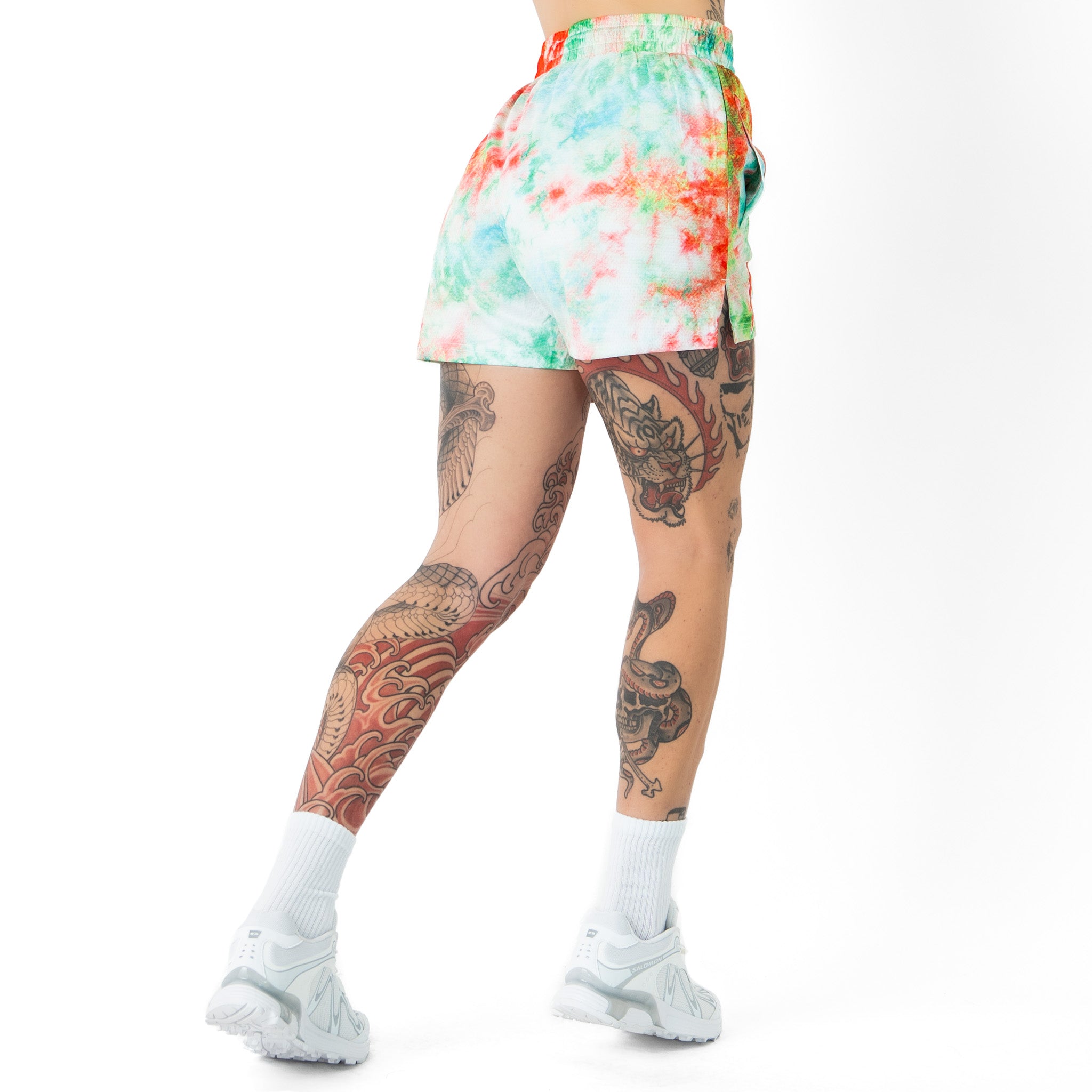 MUAY THAI SHORTS (MID THIGH CUT) TIE DYE - RED / GREEN