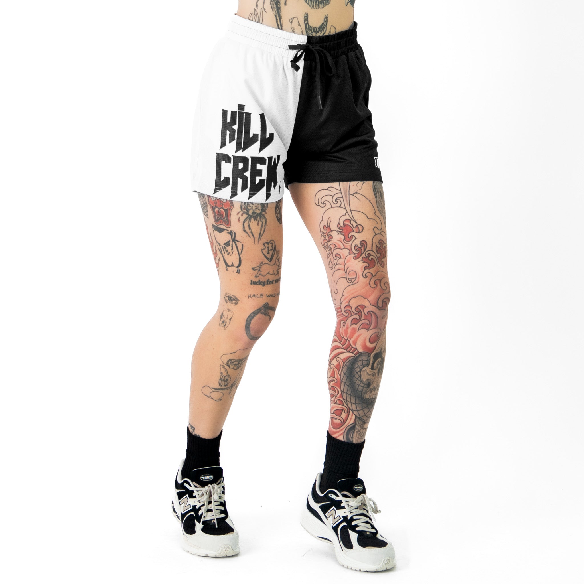 MUAY THAI SHORTS (MID THIGH CUT) 2 TONE - BLACK / WHITE