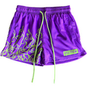 MUAY THAI FLAME SHORTS (MID THIGH CUT) - PURPLE / GREEN