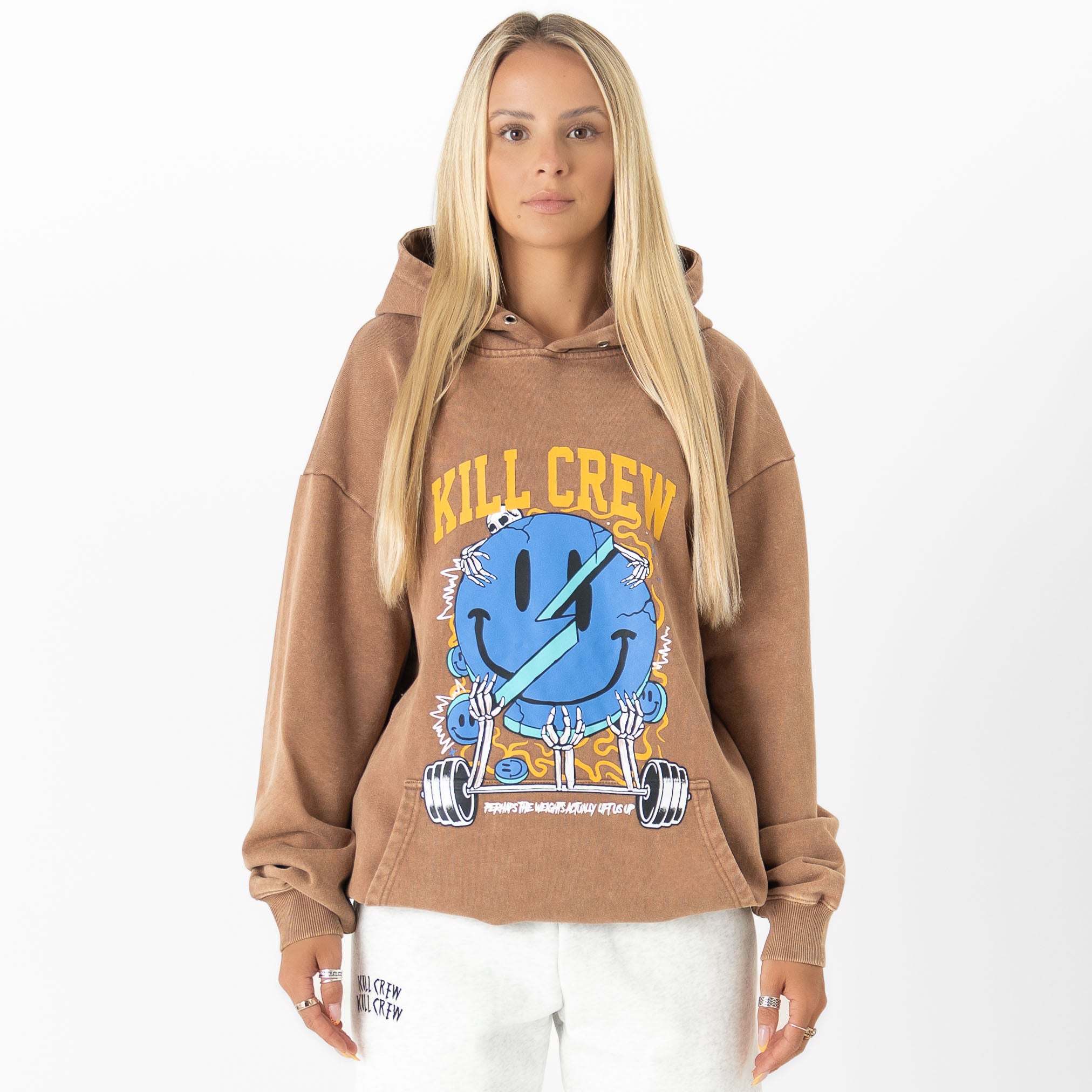 OVERSIZED LUX "WEIGHTS LIFT US UP" HOODIE - BROWN