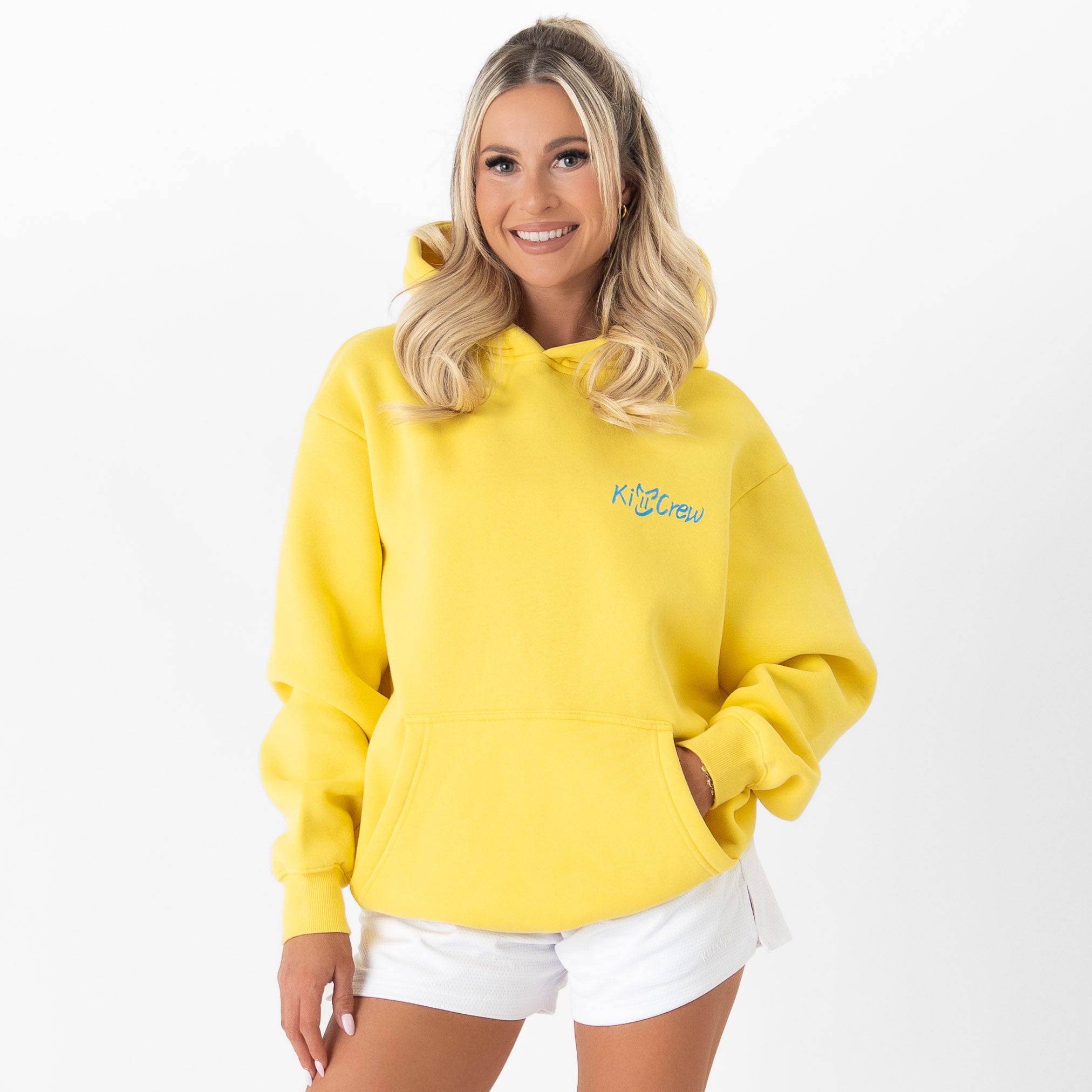 OVERSIZED LUX HOODIE "LOVE SEEING YOU HAPPY" - YELLOW / BLUE