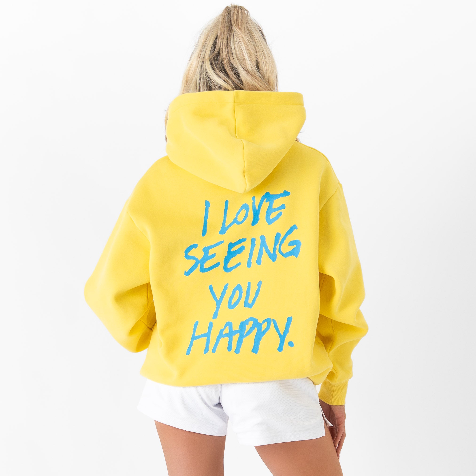 OVERSIZED LUX HOODIE "LOVE SEEING YOU HAPPY" - YELLOW / BLUE