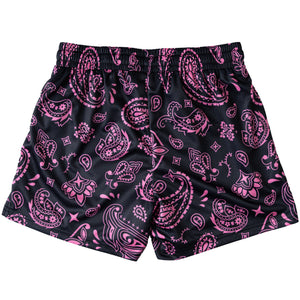 MUAY THAI SHORTS (MID THIGH CUT) BANDANA - BLACK / PINK