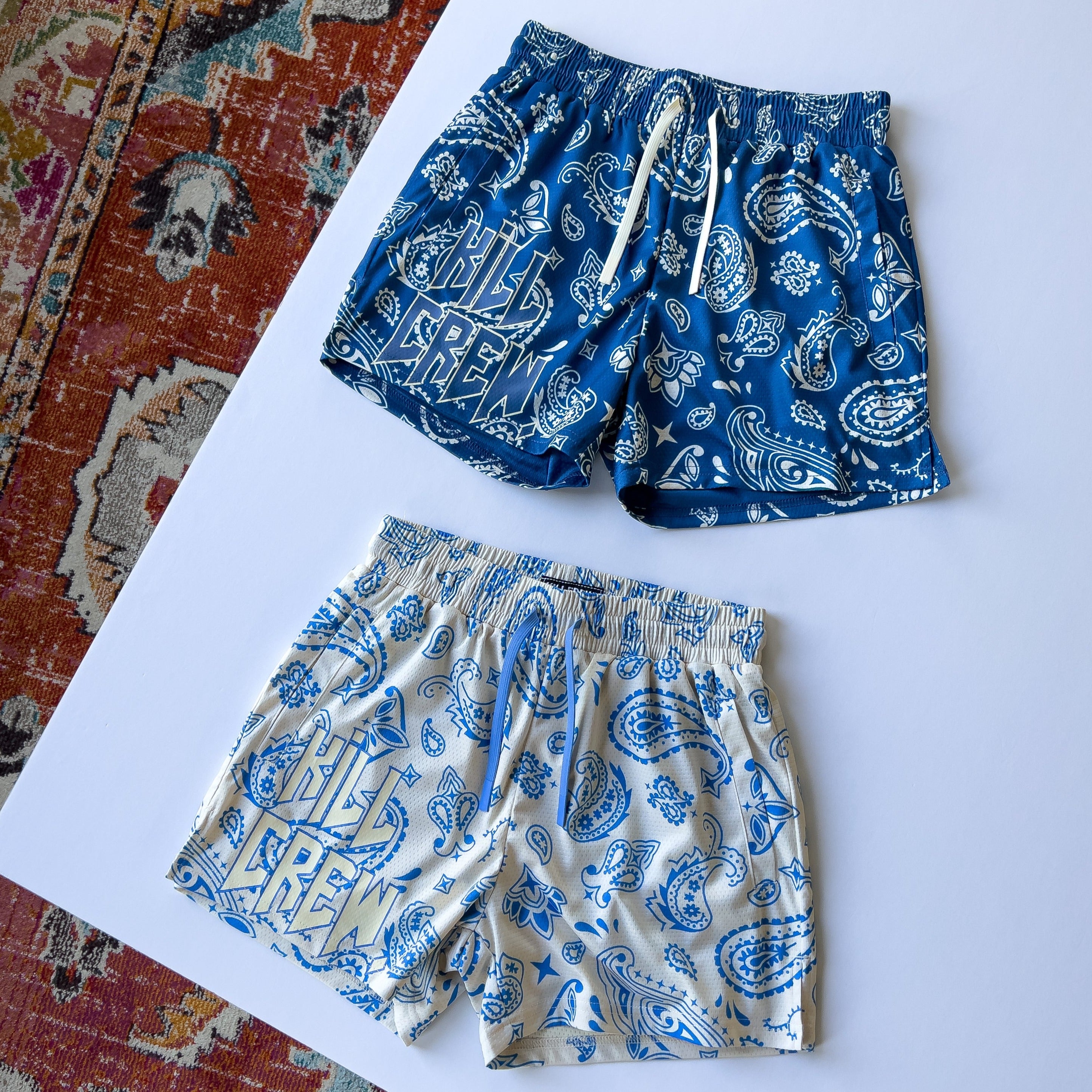 MUAY THAI SHORTS (MID THIGH CUT) BANDANA - CREAM / BLUE – Kill Crew