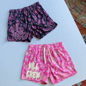 MUAY THAI SHORTS (MID THIGH CUT) BANDANA - PINK / CREAM