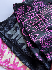 MUAY THAI SHORTS (MID THIGH CUT) BANDANA - BLACK / PINK