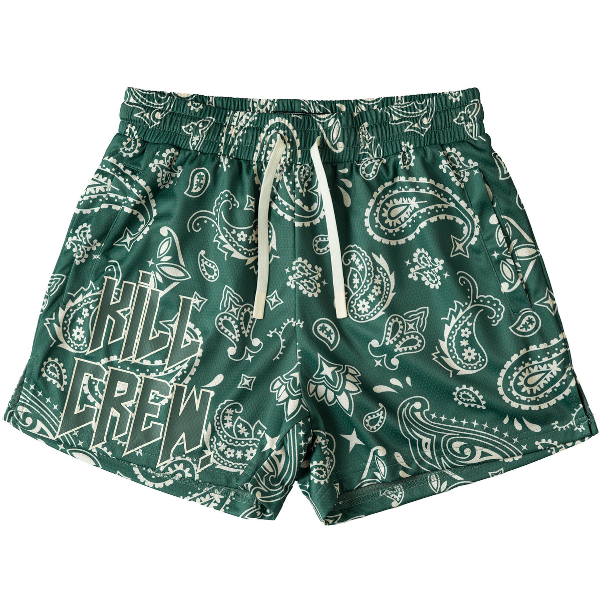 MUAY THAI SHORTS (MID THIGH CUT) BANDANA - GREEN / CREAM - Kill Crew