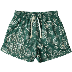 MUAY THAI SHORTS (MID THIGH CUT) BANDANA - GREEN / CREAM