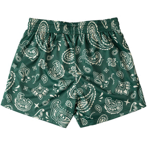 MUAY THAI SHORTS (MID THIGH CUT) BANDANA - GREEN / CREAM