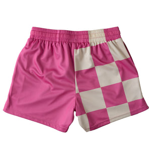 MUAY THAI SHORTS (MID THIGH CUT) CHECKER - PINK / CREAM