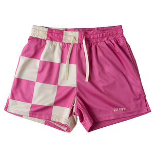 MUAY THAI SHORTS (MID THIGH CUT) CHECKER - PINK / CREAM