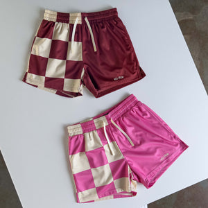 MUAY THAI SHORTS (MID THIGH CUT) CHECKER - RED / CREAM