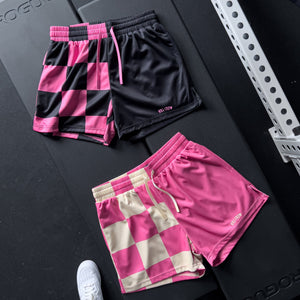 MUAY THAI SHORTS (MID THIGH CUT) CHECKER - PINK / CREAM