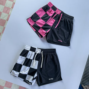 MUAY THAI SHORTS (MID THIGH CUT) CHECKER - BLACK / WHITE