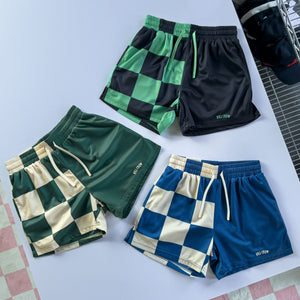 MUAY THAI SHORTS (MID THIGH CUT) CHECKER - BLUE / CREAM