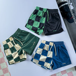 MUAY THAI SHORTS (MID THIGH CUT) CHECKER - BLACK / MINT