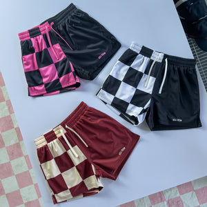 MUAY THAI SHORTS (MID THIGH CUT) CHECKER - BLACK / WHITE