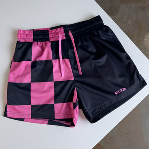 MUAY THAI SHORTS (MID THIGH CUT) CHECKER - BLACK / PINK