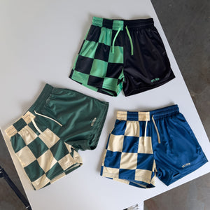 MUAY THAI SHORTS (MID THIGH CUT) CHECKER - GREEN / CREAM