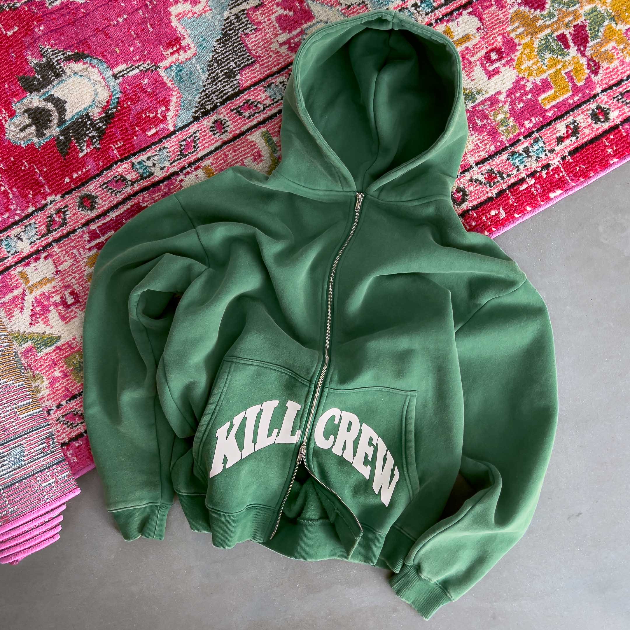 OVERSIZED LUX KILL CREW ZIP UP - GREEN / WHITE – Kill Crew