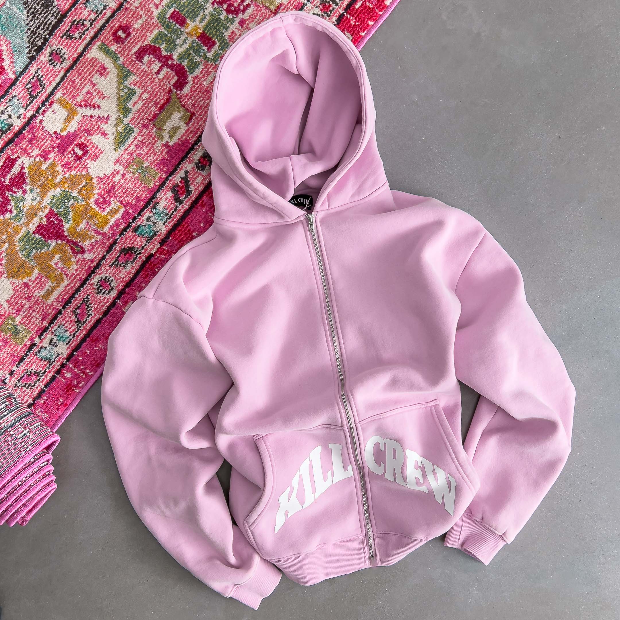 OVERSIZED LUX KILL CREW ZIP UP - PINK / WHITE – Kill Crew
