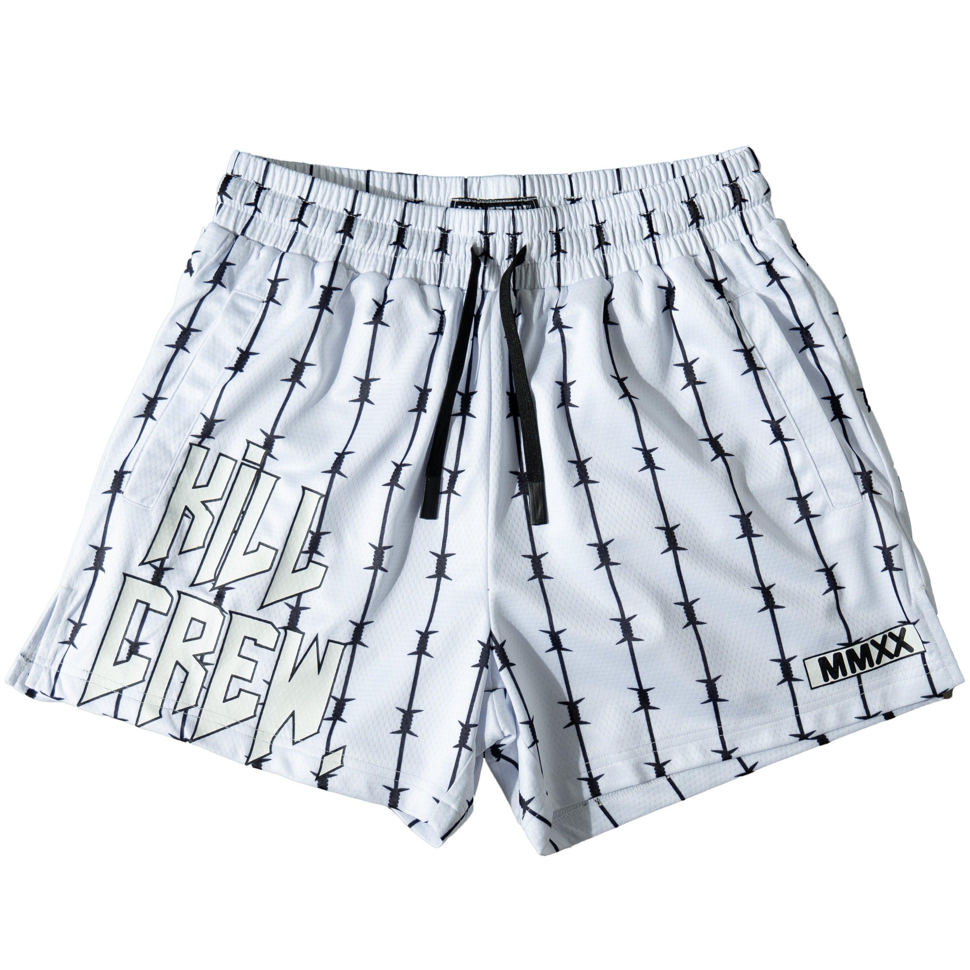 BARBWIRE MUAY THAI SHORTS (MID THIGH CUT) - WHITE / BLACK