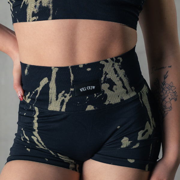 SEAMLESS SPLATTER BIKER SHORTS - BLACK / OLIVE – Kill Crew
