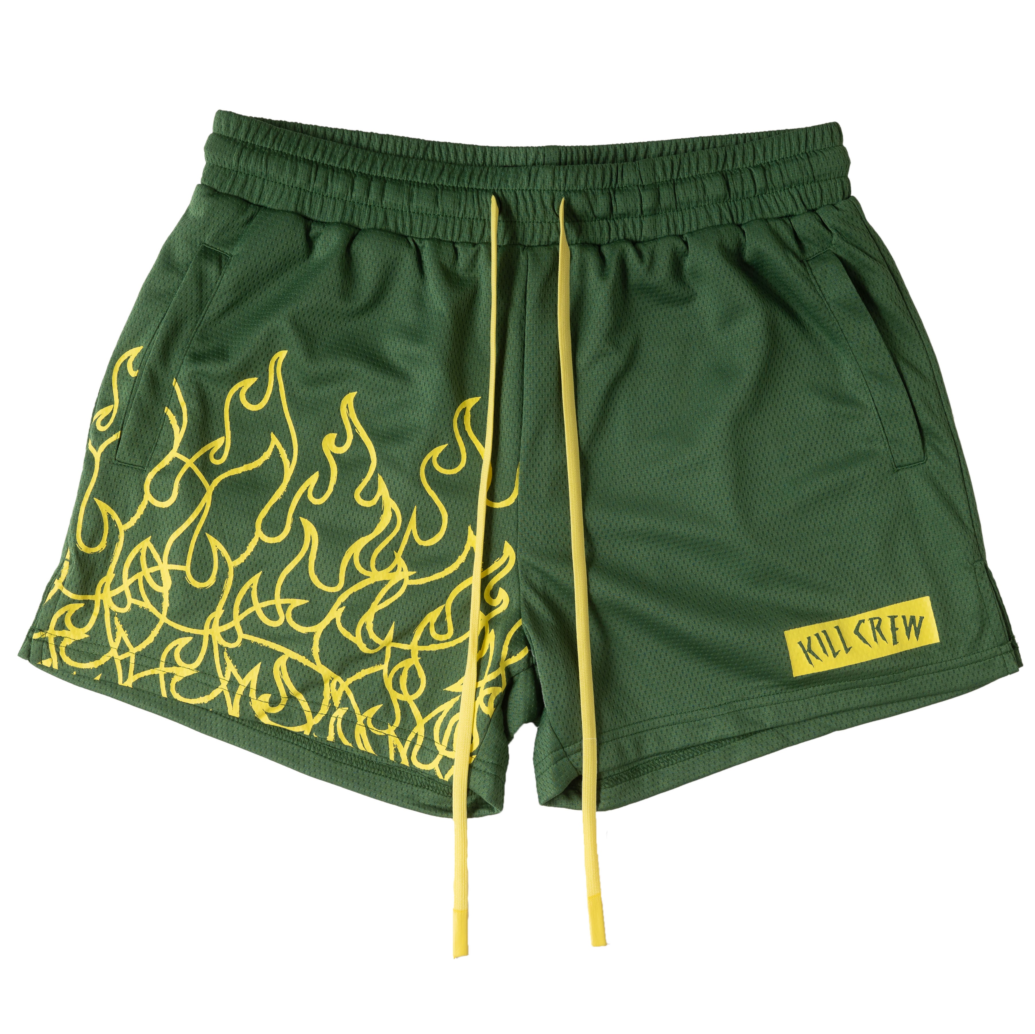 MUAY THAI FLAME SHORTS (MID THIGH CUT) - GREEN / YELLOW