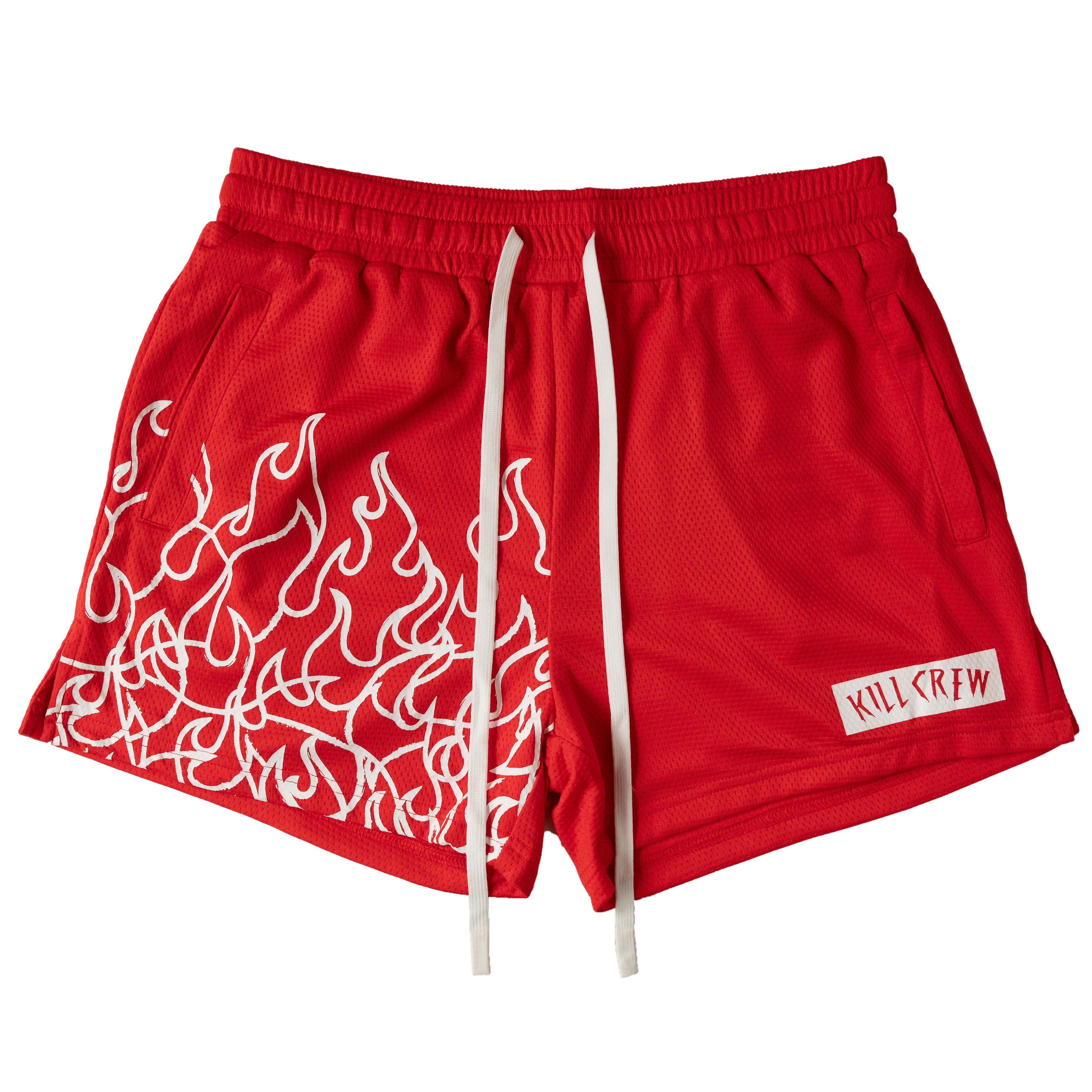 MUAY THAI FLAME SHORTS (MID THIGH CUT) - RED / WHITE