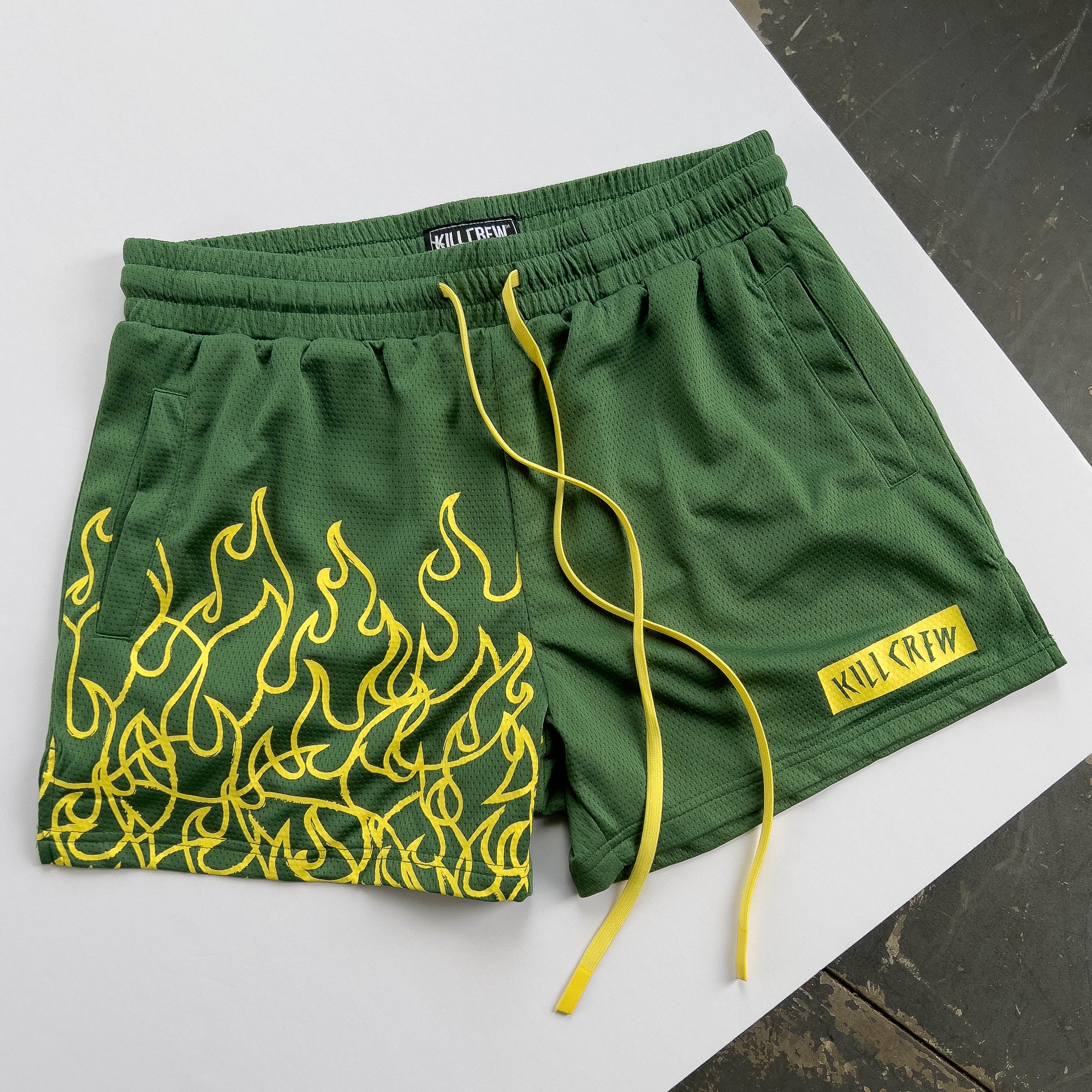 MUAY THAI FLAME SHORTS (MID THIGH CUT) - GREEN / YELLOW – Kill Crew