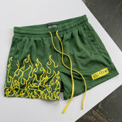 MUAY THAI FLAME SHORTS (MID THIGH CUT) - GREEN / YELLOW