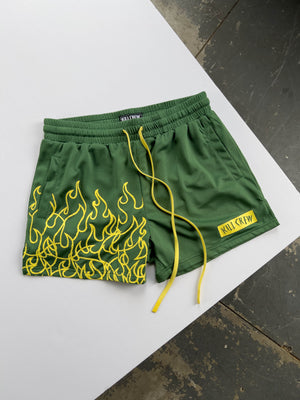 MUAY THAI FLAME SHORTS (MID THIGH CUT) - GREEN / YELLOW