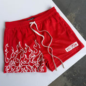 MUAY THAI FLAME SHORTS (MID THIGH CUT) - RED / WHITE