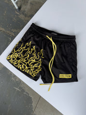 MUAY THAI FLAME SHORTS (MID THIGH CUT) - BLACK / YELLOW