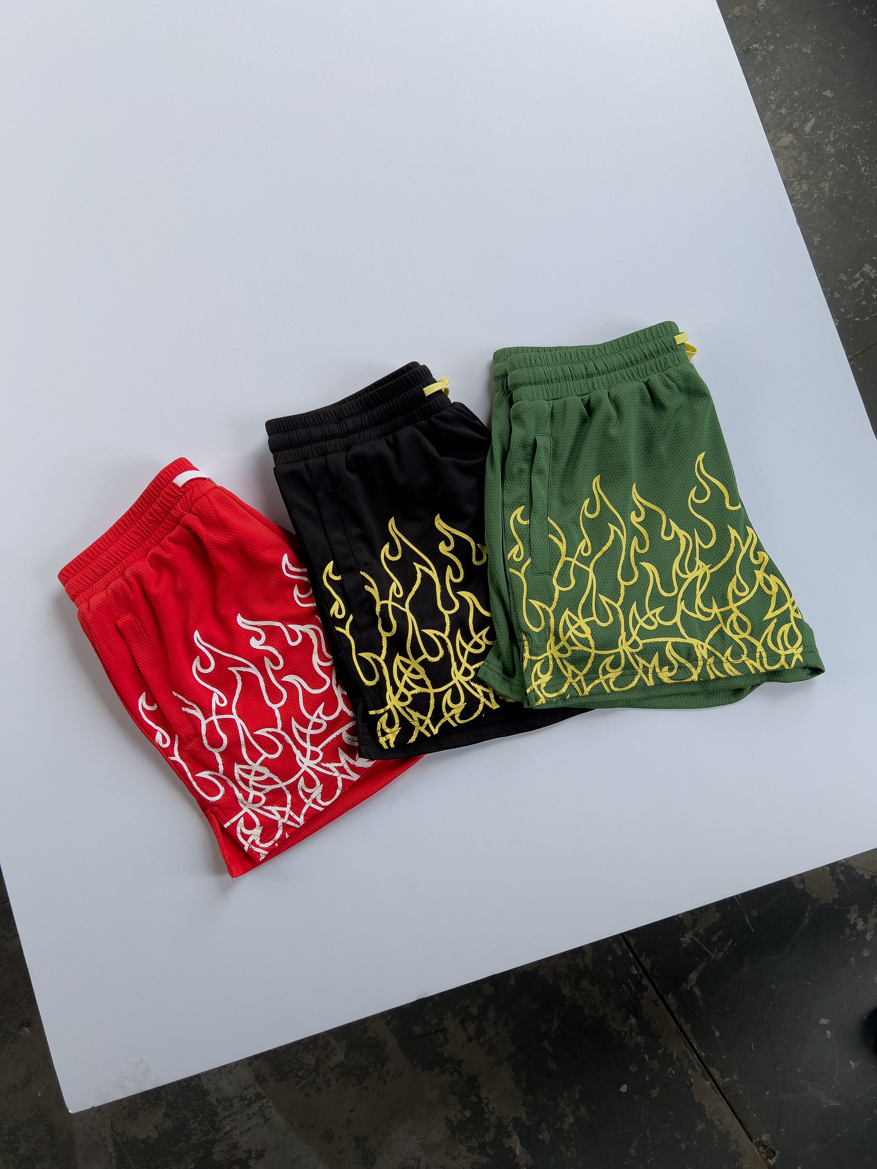 MUAY THAI FLAME SHORTS (MID THIGH CUT) - BLACK / YELLOW