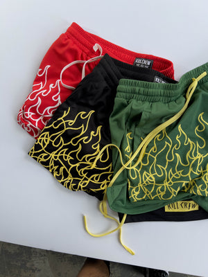 MUAY THAI FLAME SHORTS (MID THIGH CUT) - GREEN / YELLOW