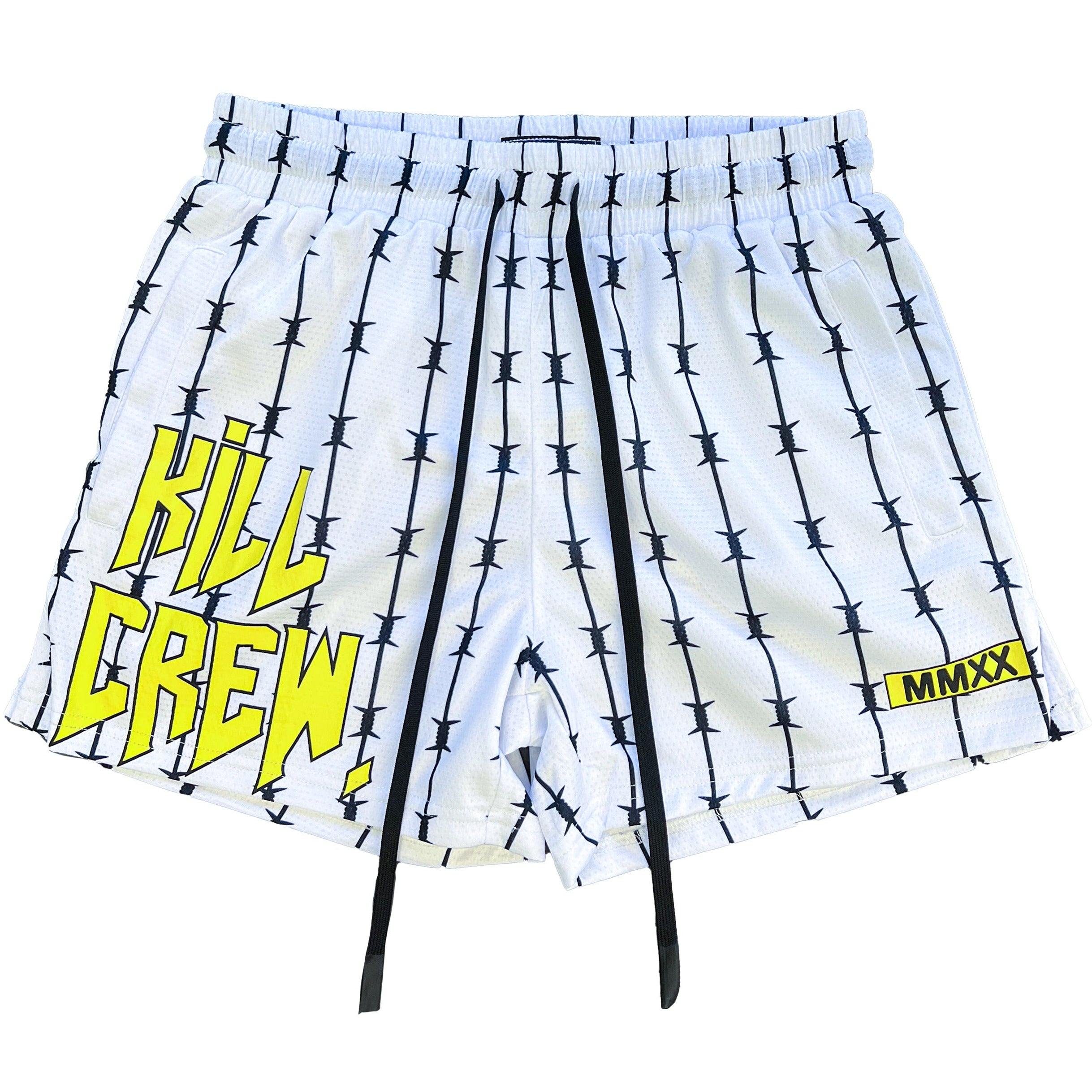 BARBWIRE MUAY THAI SHORTS (MID THIGH CUT) - WHITE / YELLOW