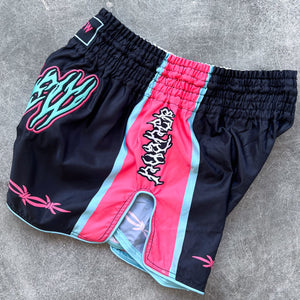 RETRO THAI FIGHT SHORTS - BLACK / WATERMELON