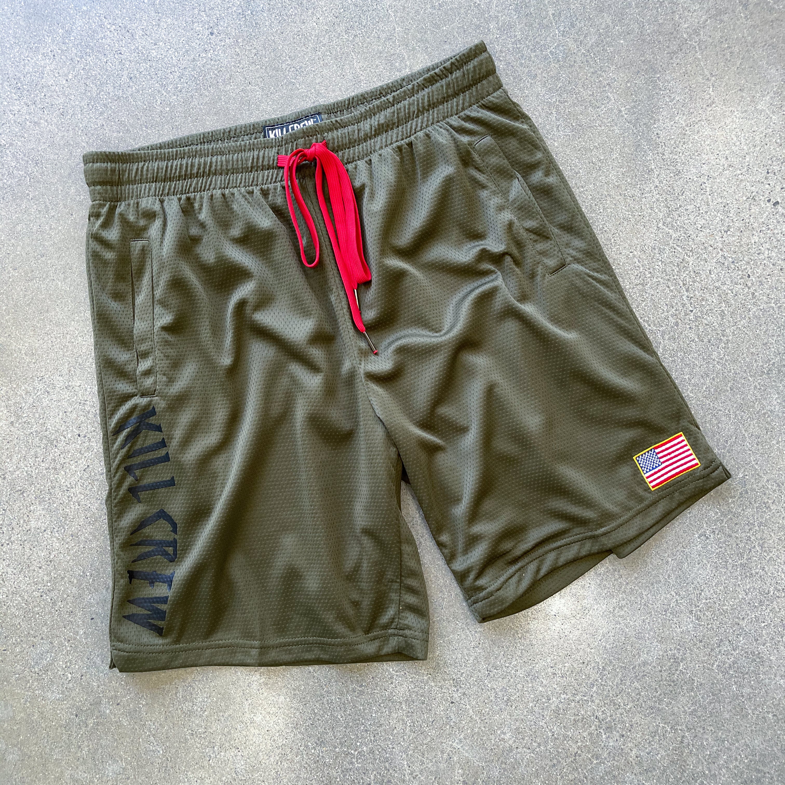Olive Embroidered Flag Shorts with red draw cord