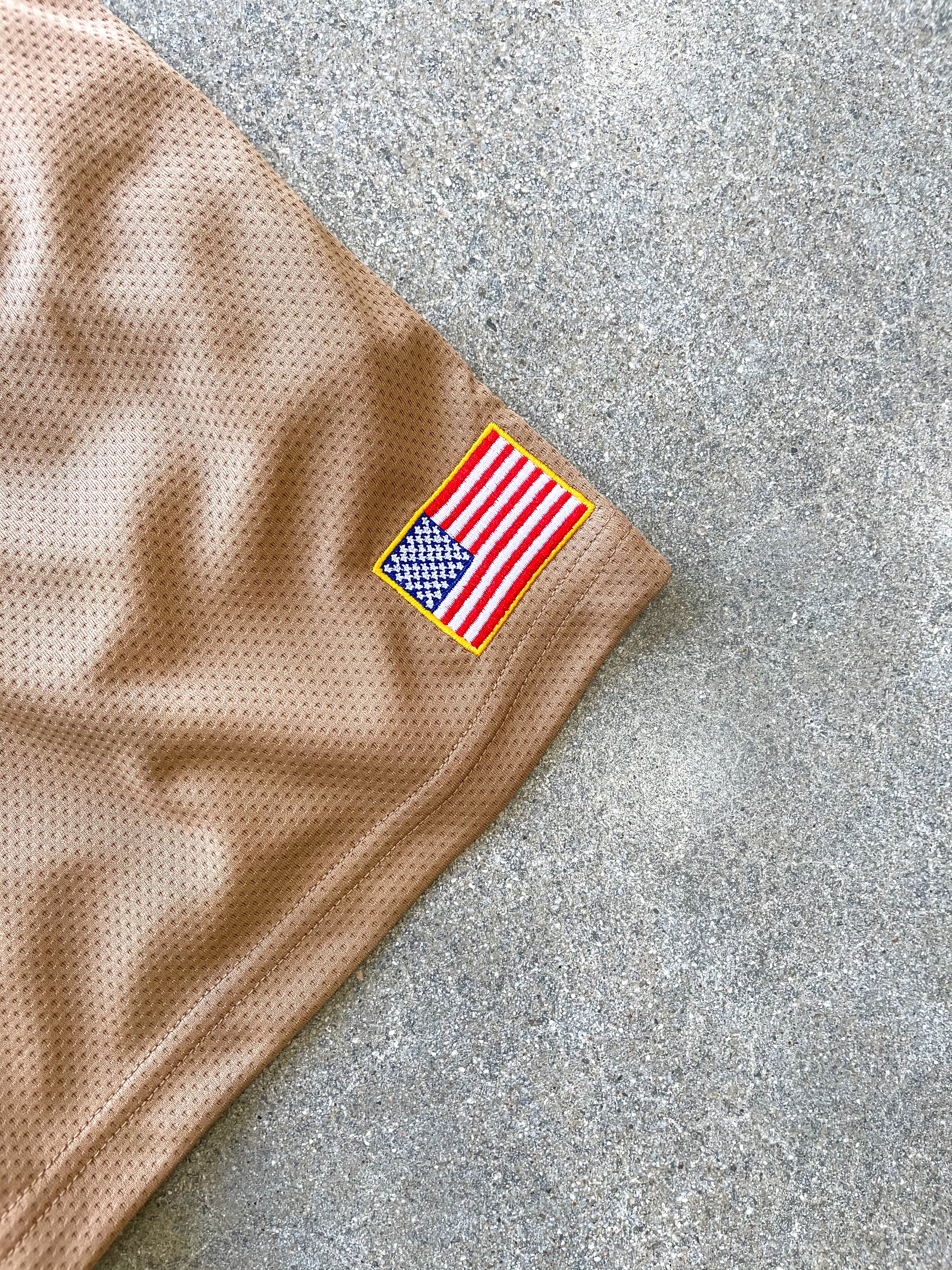 RELAXED CUT EMBROIDERED FLAG SHORTS - SAND