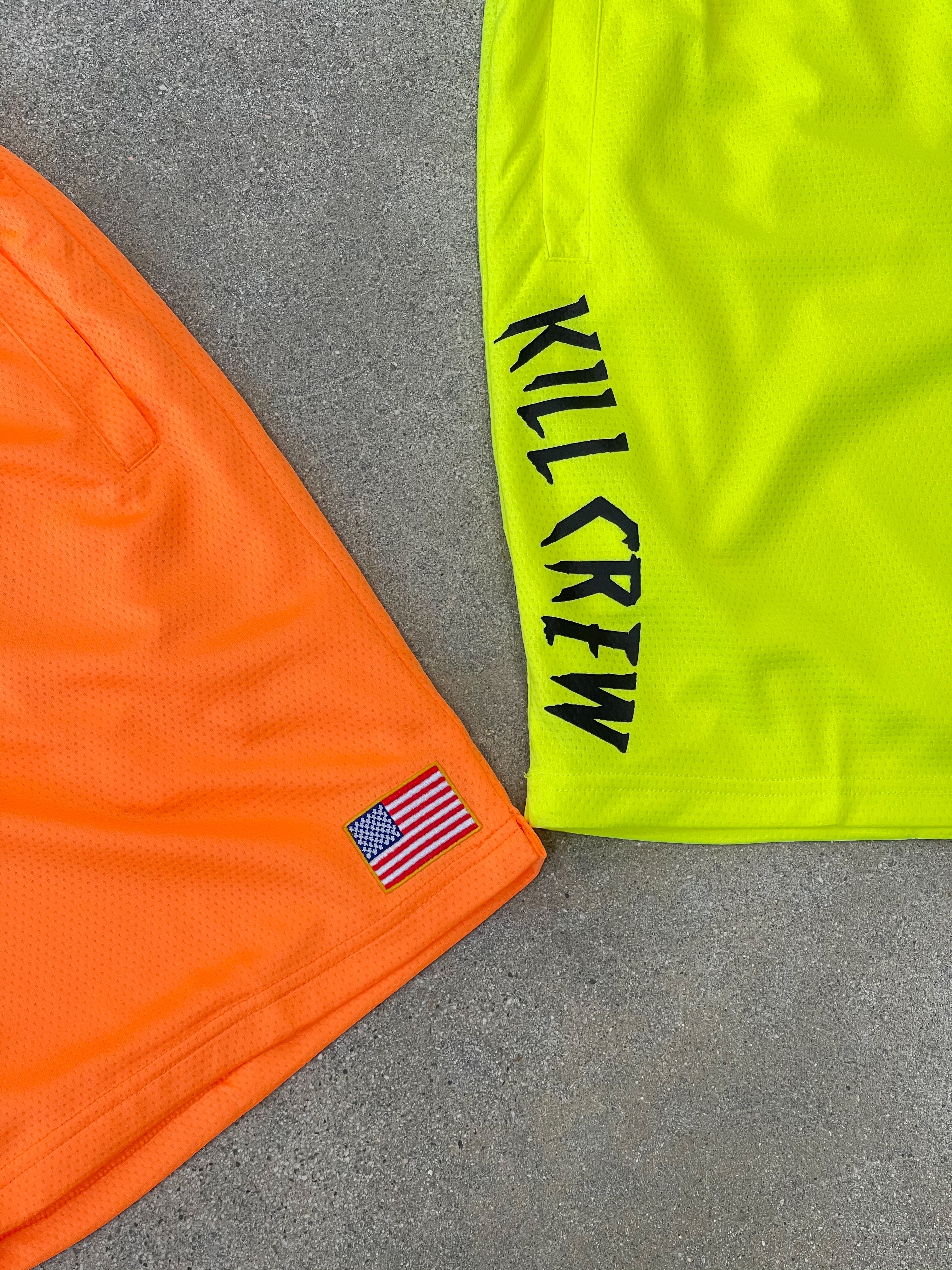 RELAXED CUT EMBROIDERED FLAG SHORTS - NEON YELLOW
