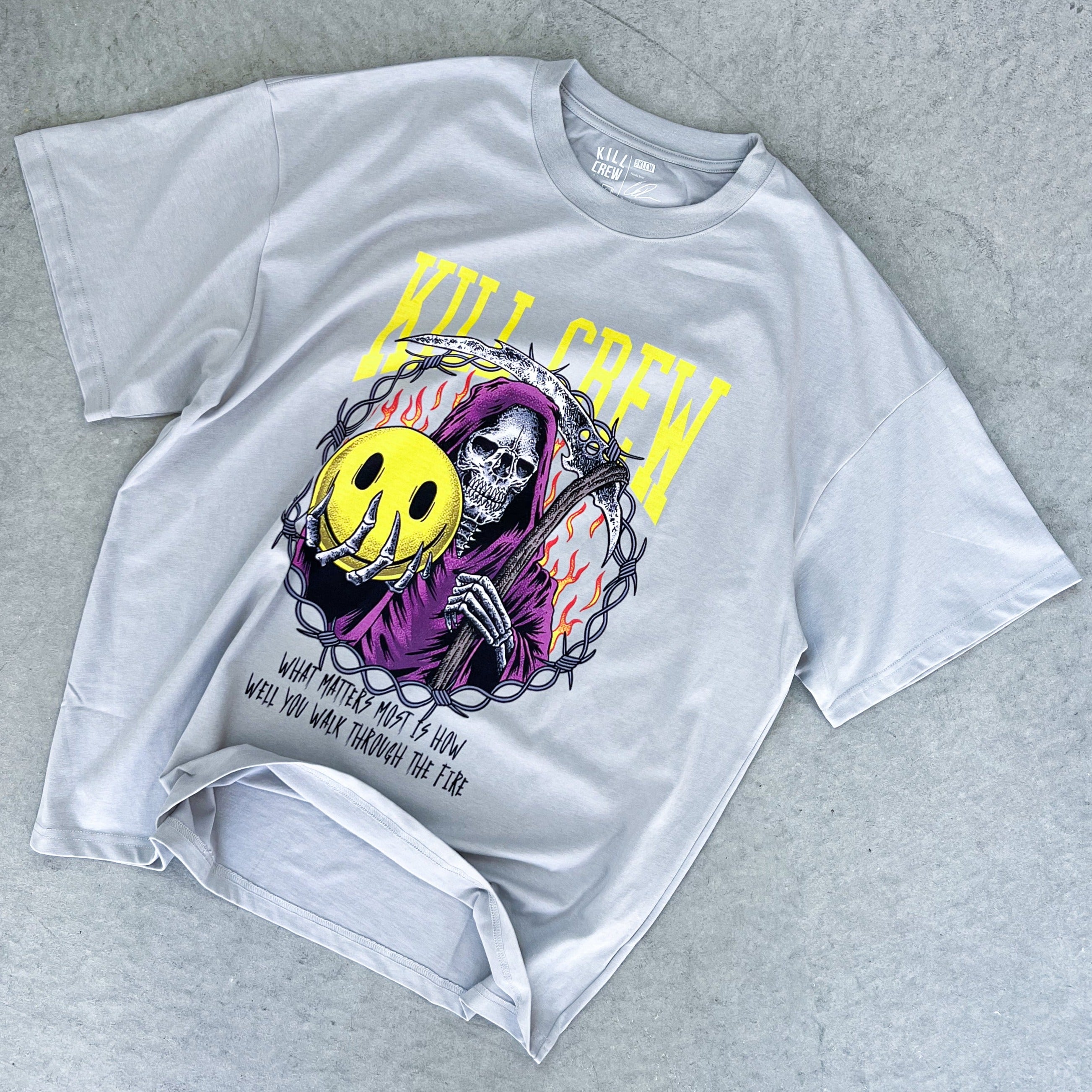 OVERSIZED WALK THROUGH FIRE T-SHIRT - HEATHER GREY – Kill Crew
