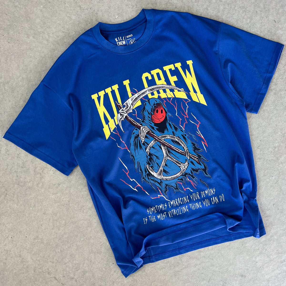 OVERSIZED EMBRACING DEMONS T-SHIRT - BLUE - Kill Crew