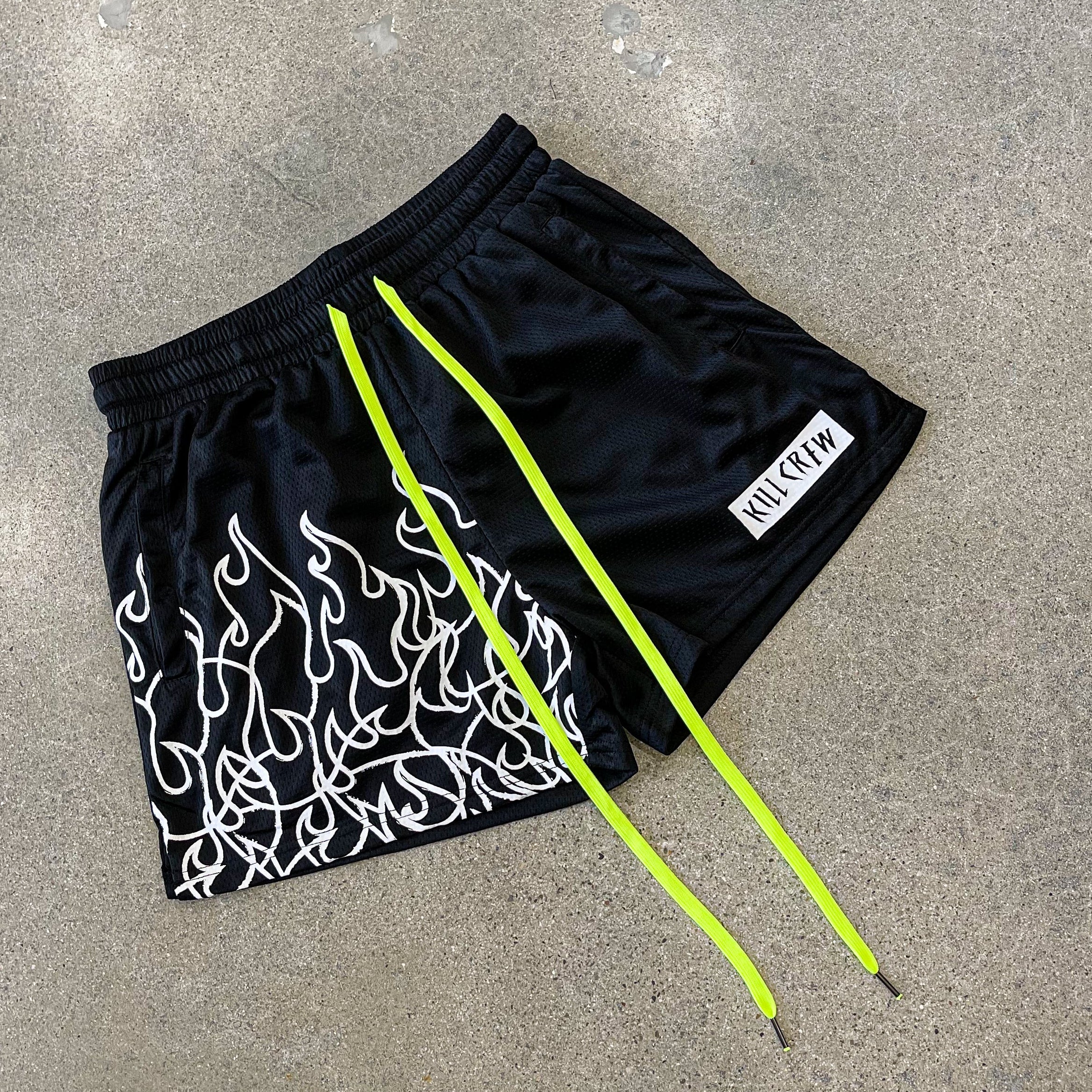 MUAY THAI FLAME SHORTS (MID THIGH CUT) - BLACK / WHITE