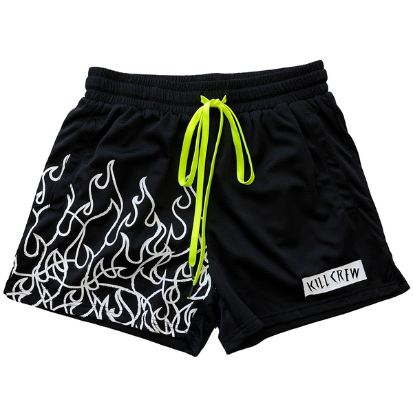 MUAY THAI FLAME SHORTS (MID THIGH CUT) - BLACK / WHITE - Kill Crew