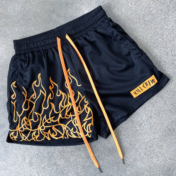 MUAY THAI FLAME SHORTS (MID THIGH CUT) - BLACK / NEON ORANGE 