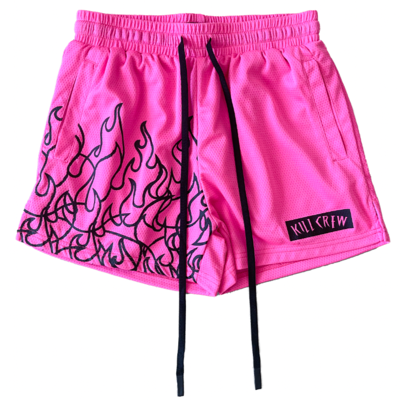 MUAY THAI FLAME SHORTS MID THIGH CUT PINK BLACK Kill Crew