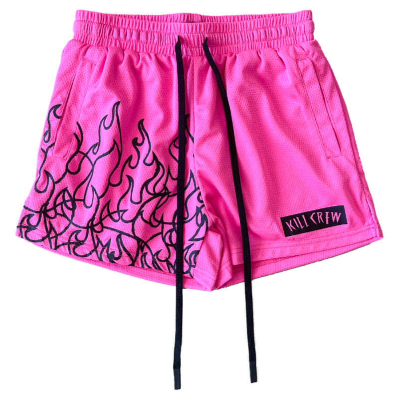 MUAY THAI FLAME SHORTS (MID THIGH CUT) - PINK / BLACK - Kill Crew