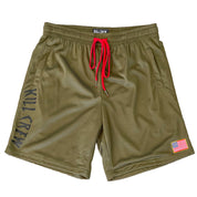 RELAXED CUT EMBROIDERED FLAG SHORTS - OLIVE